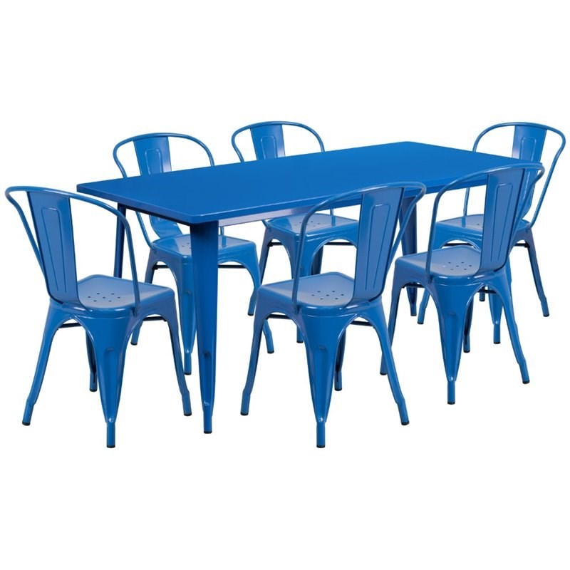 Bowery Hill 7 Piece Metal Dining Set in Blue