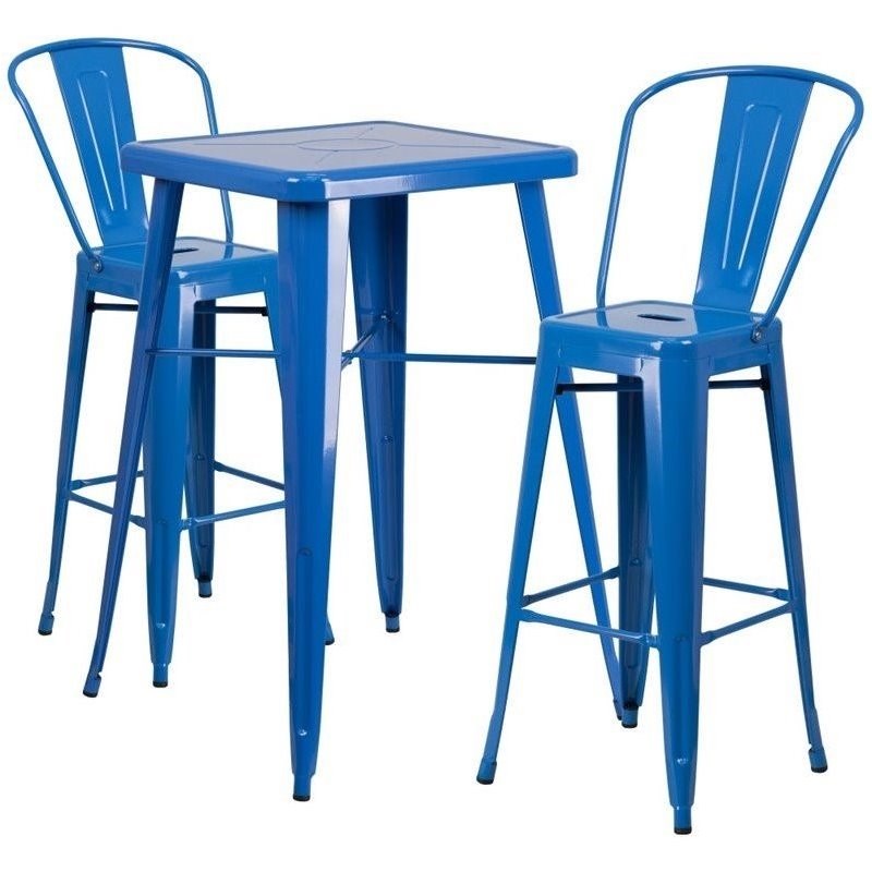 Bowery Hill Metal 3 Piece Bar Table Set in Blue