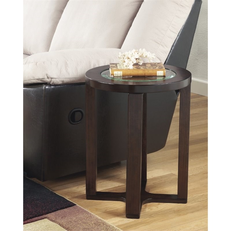 bowery hill round end table in dark brown bh1456648
