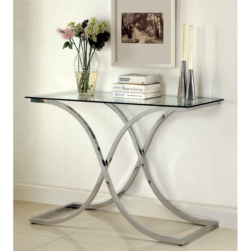 Bowery Hill Glass Top Console Table in Chrome