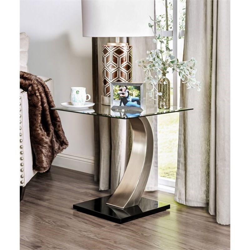 Bowery Hill Glass Top End Table in Satin