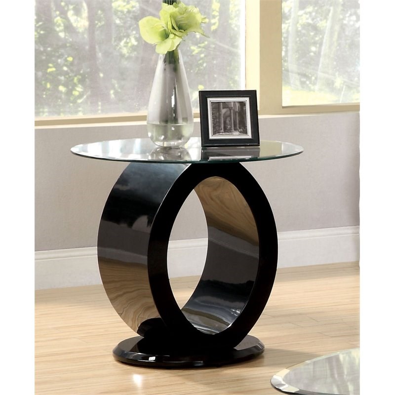 Bowery Hill Round Glass Top End Table in Black
