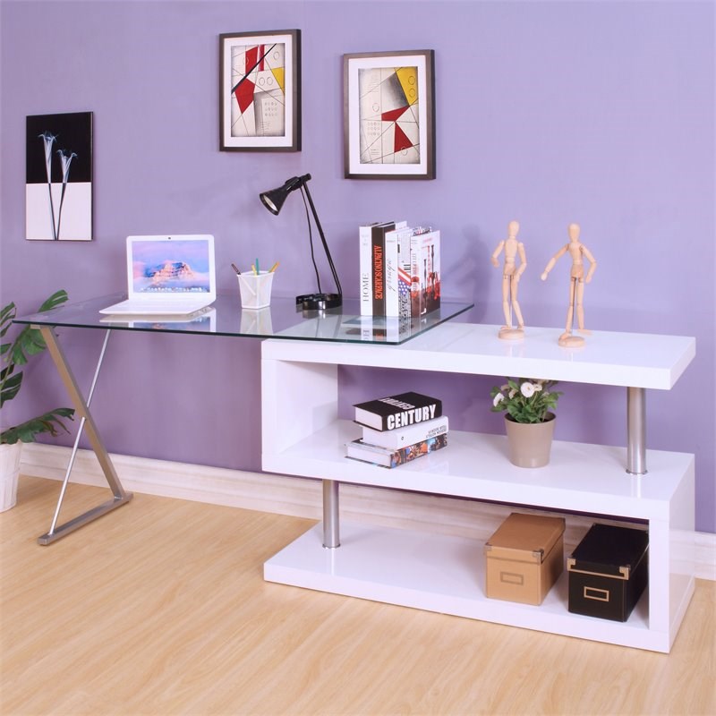 bowery hill home office desk in clear glass and white - bh ...