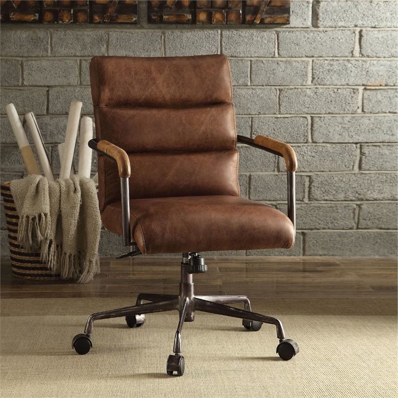 Bowery Hill Leather Swivel Office Chair in Retro Brown