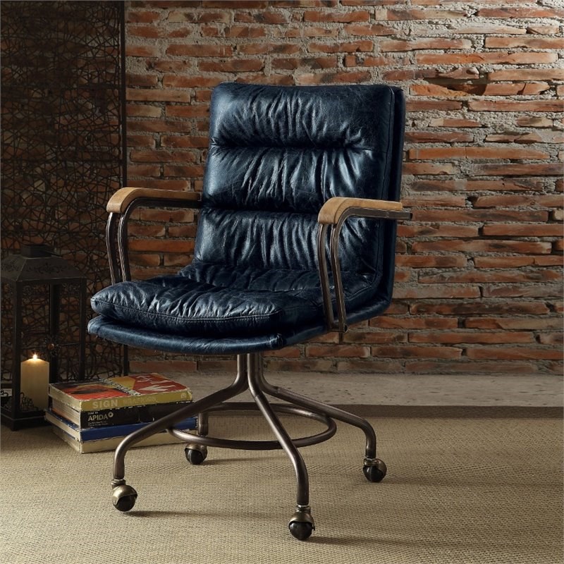 Bowery Hill Leather Swivel Office Chair in Vintage Blue