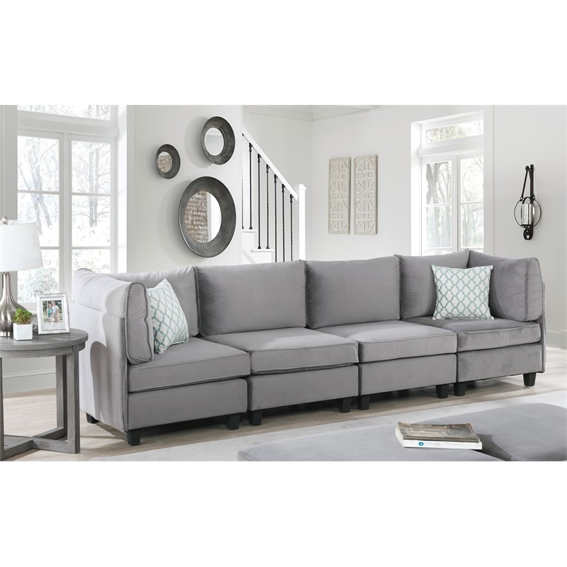 Bowery Hill Velvet 4 Piece Sofa in Gray