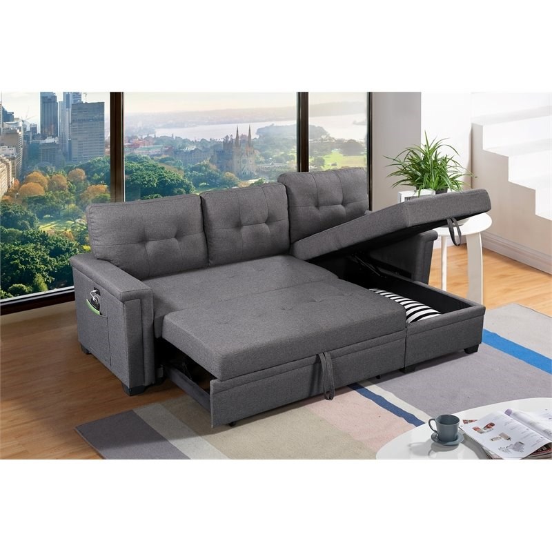 Bowery Hill Gray Reversible Sleeper Sofa Storage Chaise with USB ...