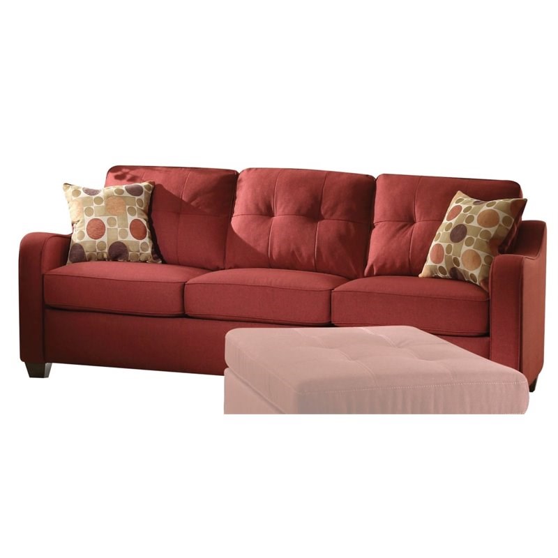 Bowery Hill Contemporary Fabric Sofa with 2 Accent Pillows in Red