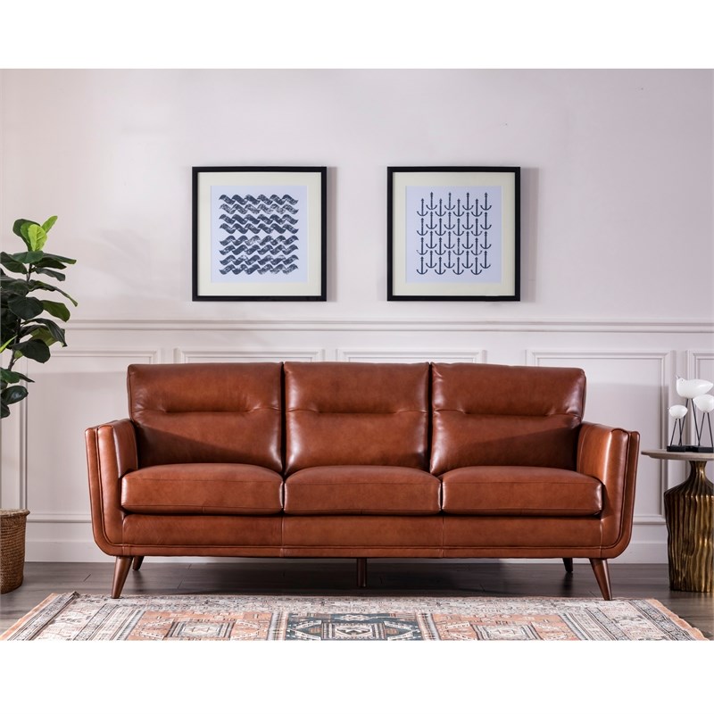 Bowery Hill Mid-Century Leather Sofa in Camel Brown | Homesquare