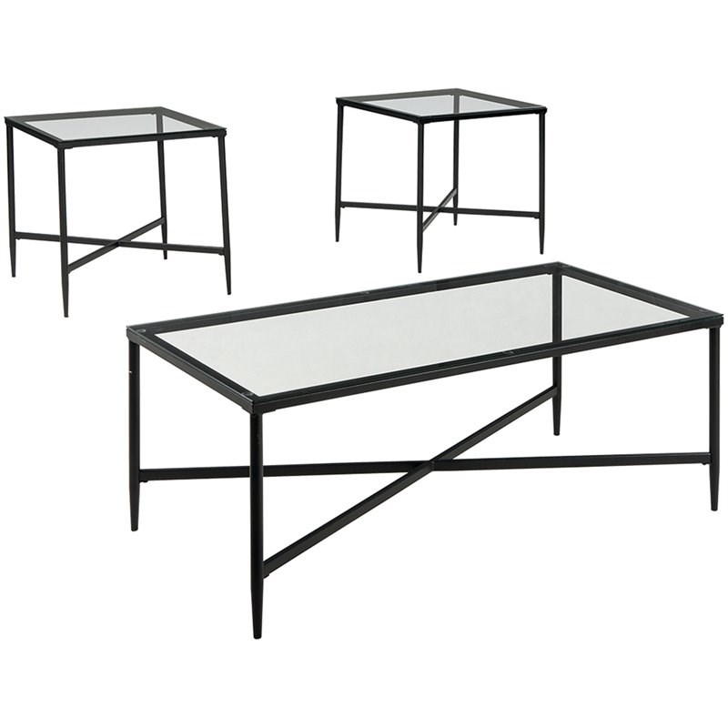 Bowery Hill 3 Piece Glass Top Coffee Table Set in Black