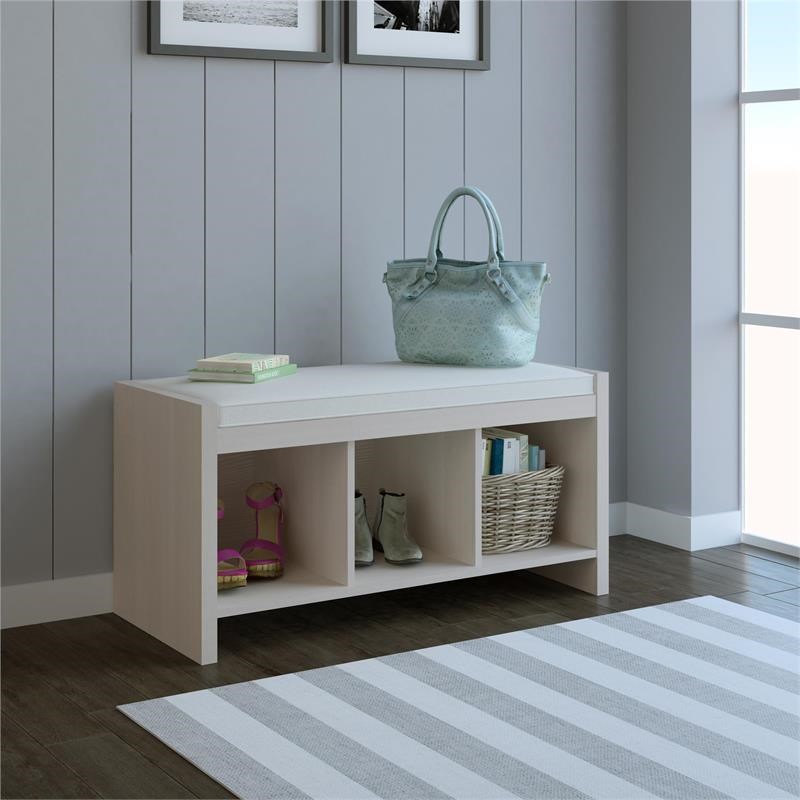 Bowery Hill 3 Cubby Entryway Storage Bench with Cushion in Ivory Pine