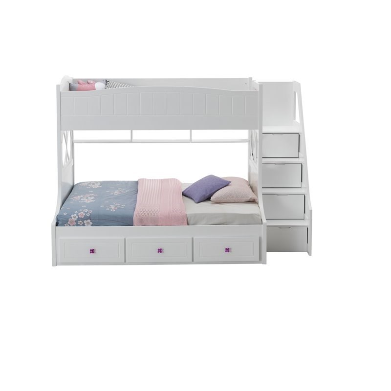 Bowery Hill Twin Over Full Wooden Bunk Bed with Storage and Ladder in White