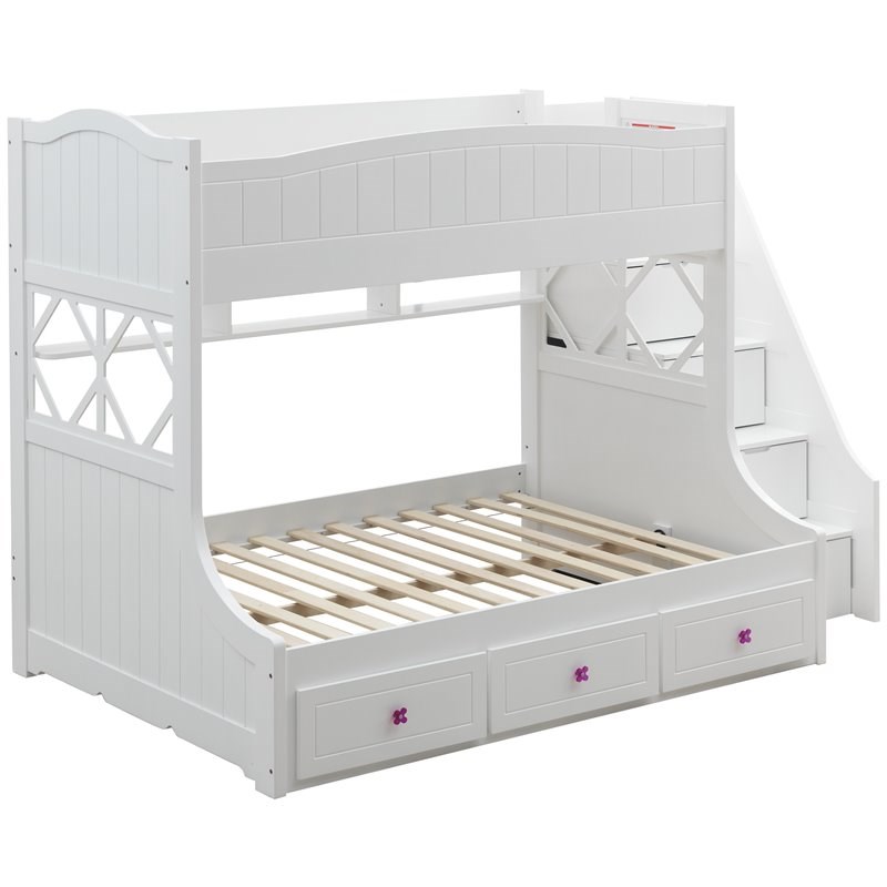 Bowery Hill Twin Over Full Wooden Bunk Bed with Storage and Ladder in White