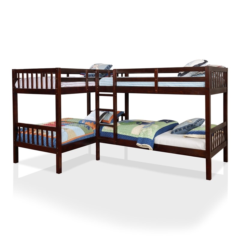 Bowery Hill Transitional L Shaped Twin Wooden Bunk Bed in Dark Walnut