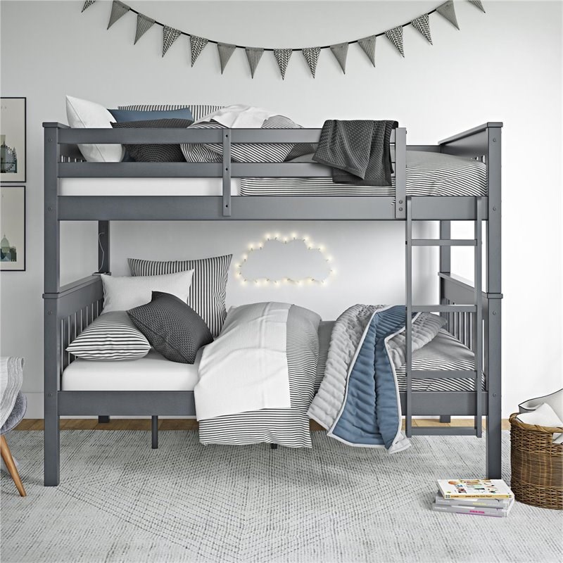 Bowery Hill Full Over Full Wooden Bunk Bed with USB Port in Gray