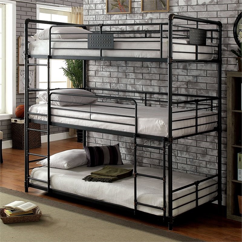 Bowery Hill Metal Twin Triple Bunk Bed in Antique Black