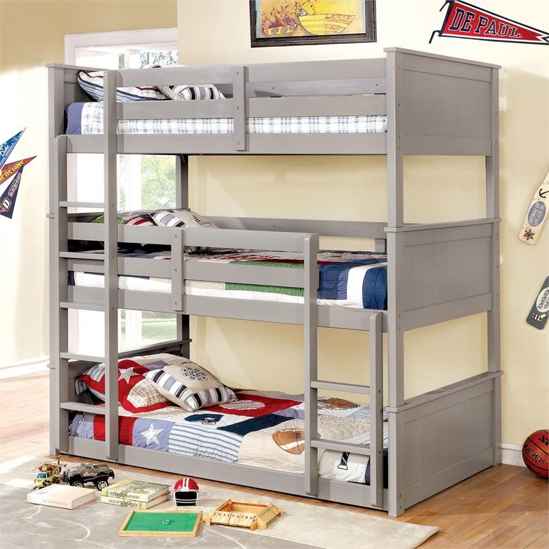 Bowery Hill Wood Twin Over Twin Triple Bunk Bed in Gray