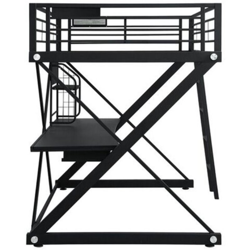 Bowery Hill Full Metal Loft Bed and Chair Set in Black and White