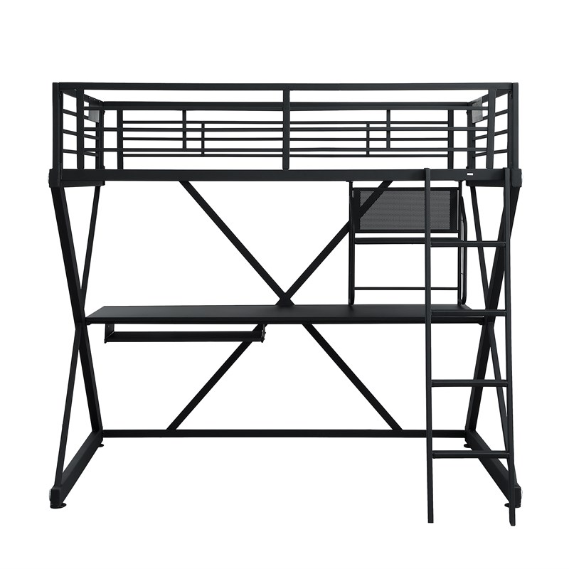 Bowery Hill Full Metal Loft Bed and Chair Set in Black and White