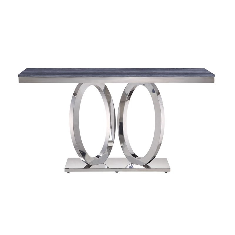 Bowery Hill Sofa Table in Gray Printed Faux Marble and Mirrored Silver Finish