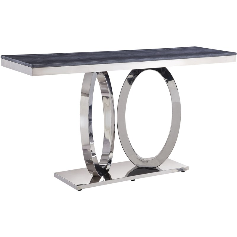 Bowery Hill Sofa Table in Gray Printed Faux Marble and Mirrored Silver Finish