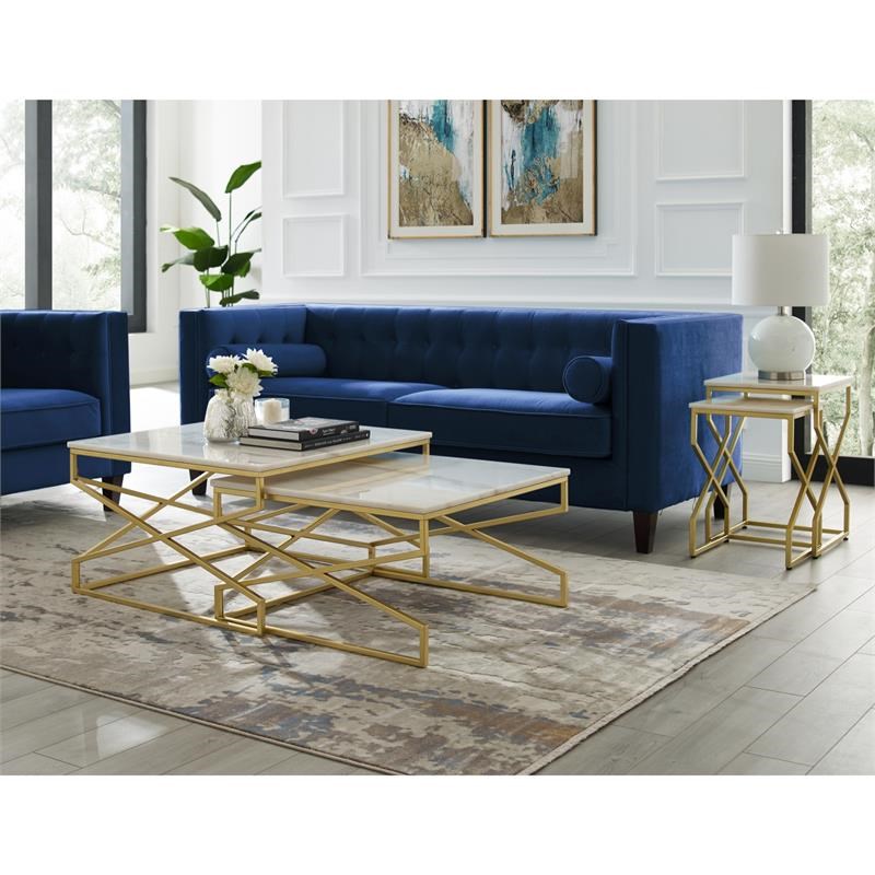 Bowery Hill Square Marble Top Nesting Coffee Table in Gold