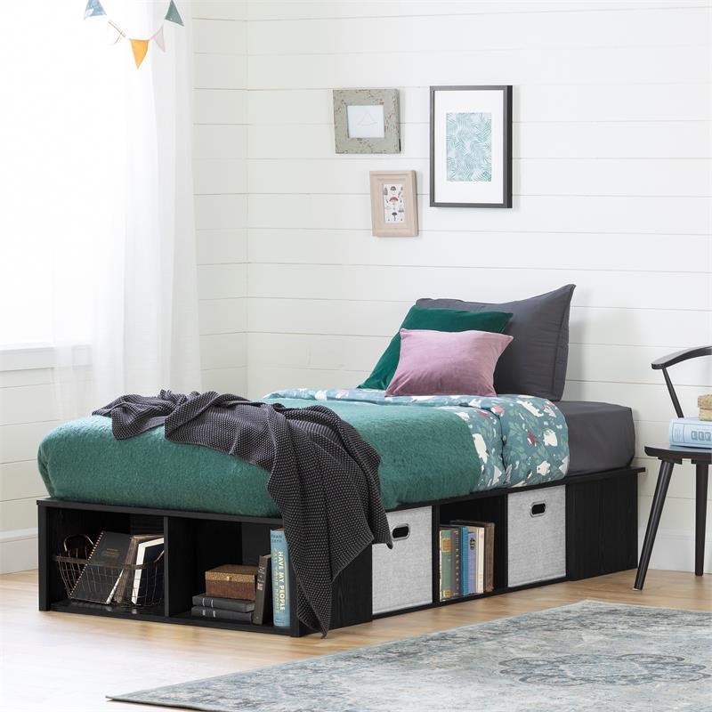Bowery Hill Platform Twin Bed with baskets in Black Oak