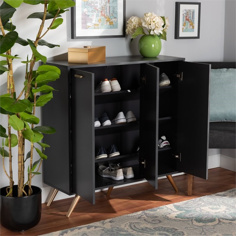 Bowery Hill Dark Gray and Gold Finished Wood 3-Door Shoe Cabinet