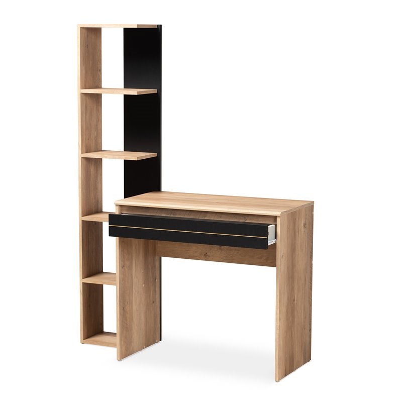 Bowery Hill Two-Tone Black and Oak Brown Finished Wood Desk with Shelves