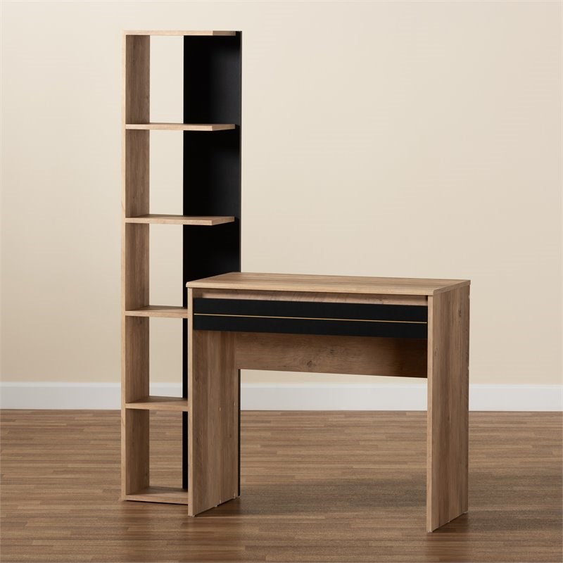 Bowery Hill Two-Tone Black and Oak Brown Finished Wood Desk with Shelves