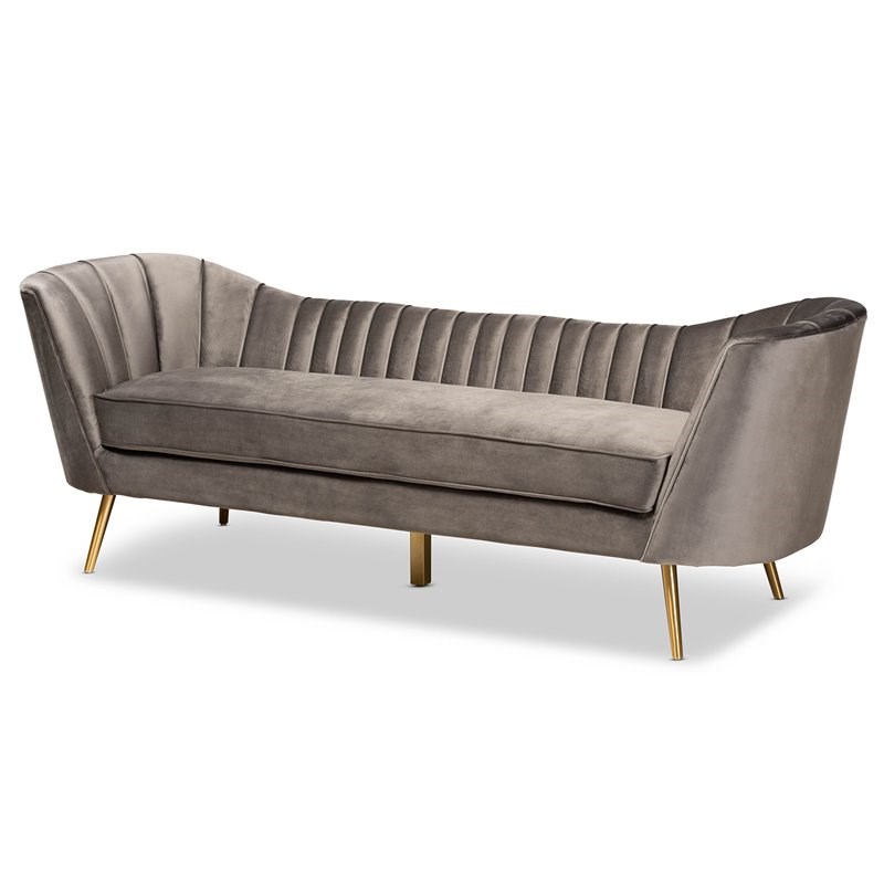Bowery Hill Grey Velvet Fabric Upholstered and Gold Finished Sofa