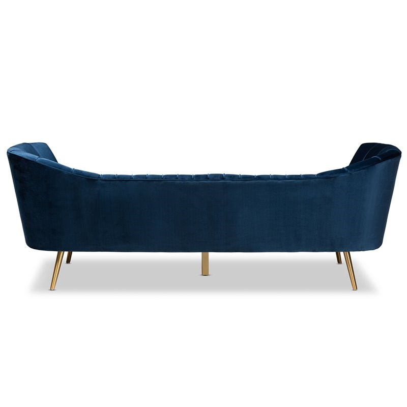 Bowery Hill Blue Velvet Fabric Upholstered and Gold Finished Sofa