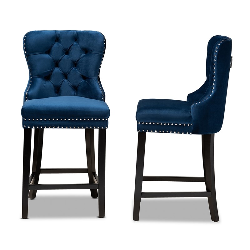 Bowery Hill Blue Upholstered and Brown Finished Wood 2-Piece Stool Set