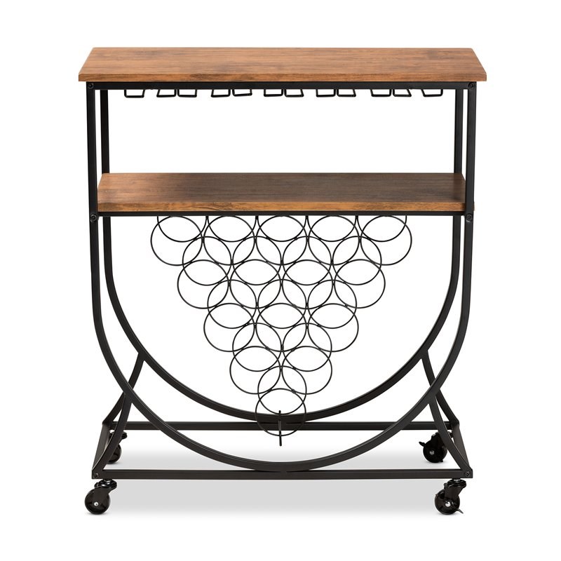 Bowery Hill Black Metal and Walnut Finished Wood Mobile Wine Bar Cart