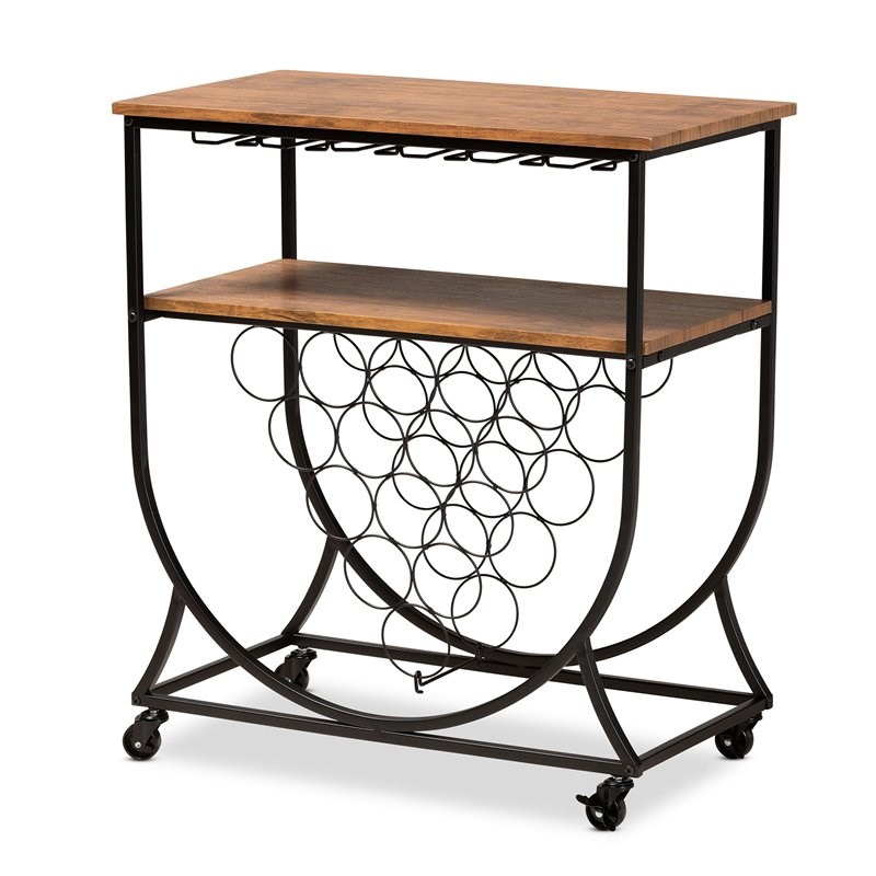 Bowery Hill Black Metal and Walnut Finished Wood Mobile Wine Bar Cart