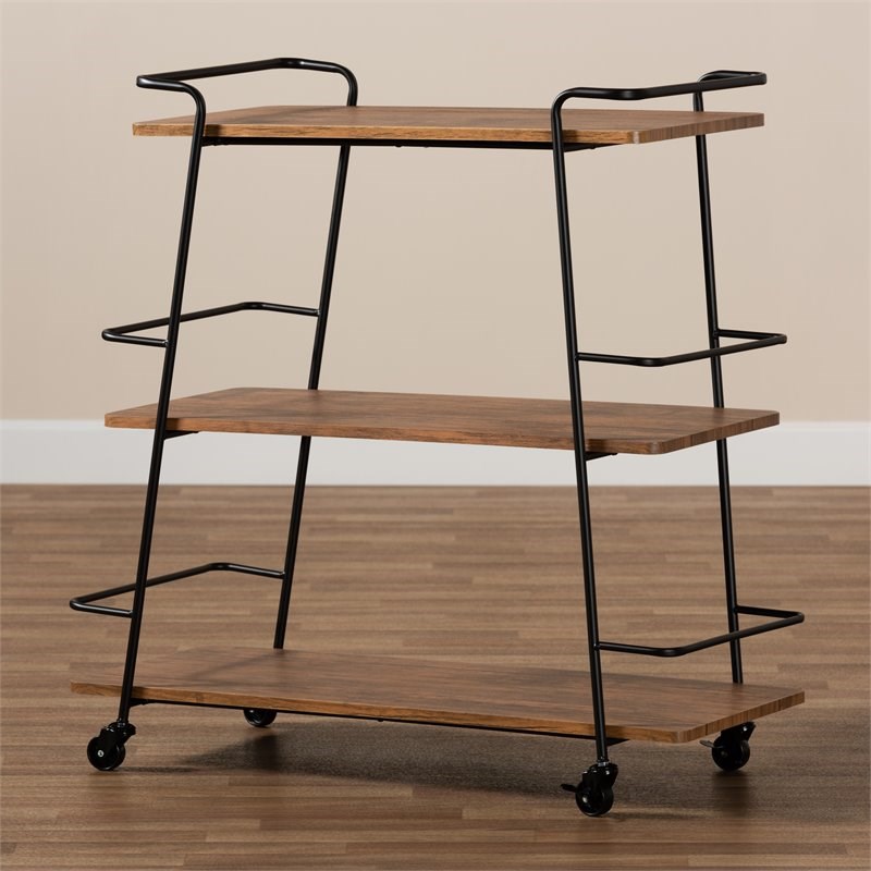 Bowery Hill Black Metal and Walnut Finishe Wood 3-Tier Mobile Wine Bar Cart