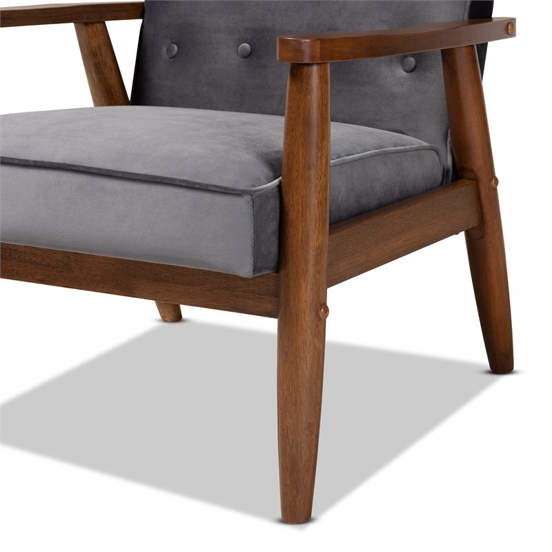 BOWERY HILL Mid-Century Grey Velvet Upholstered Wood Lounge Chair
