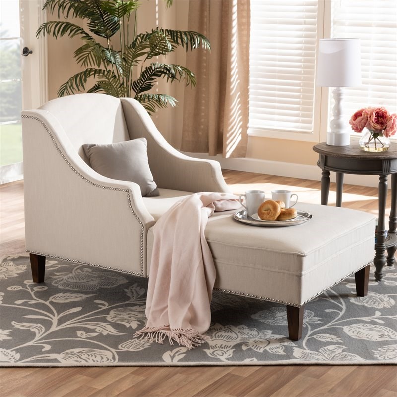 Bowery Hill Beige Upholstered Brown Finished Chaise Lounge