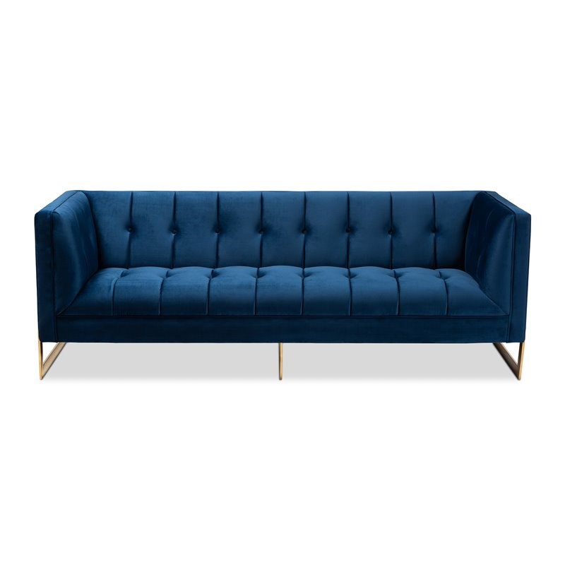 Bowery Hill Modern Velvet and Gold Finish Sofa in Royal Blue