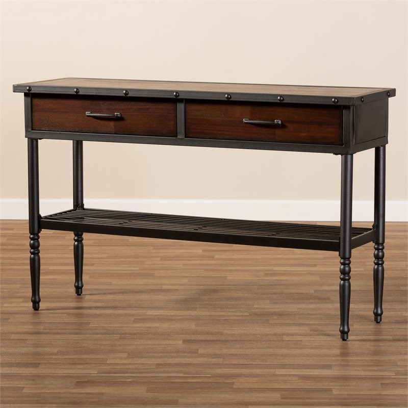 Bowery Hill 2-Drawer Wood and Metal Sideboard Server in Walnut Brown
