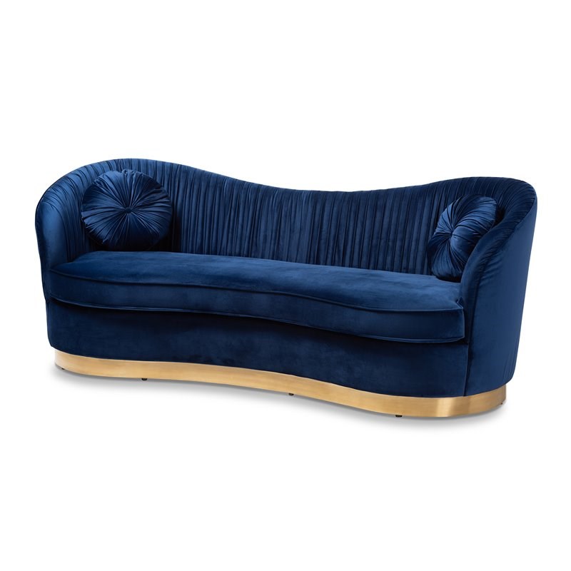 Bowery Hill Upholstered Velvet and Wood Sofa in Royal Blue and Gold