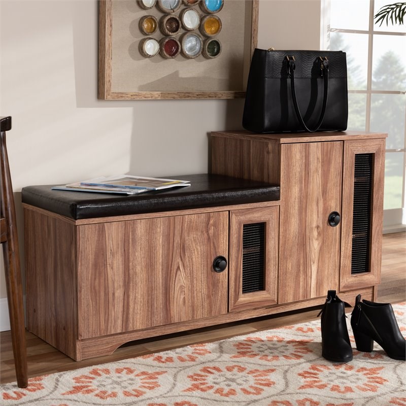 Bowery Hill Brown Faux Leather 2-Door 5-Shelves Wood Shoe Storage Bench