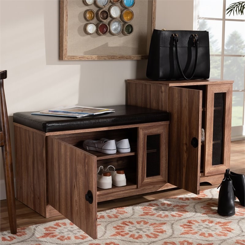 Bowery Hill Brown Faux Leather 2-Door 5-Shelves Wood Shoe Storage Bench