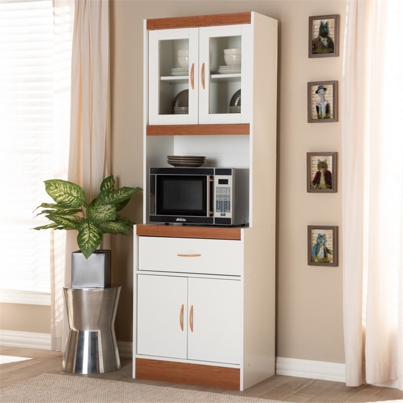 Bowery Hill Wood Kitchen Cabinet and Hutch in White and Cherry