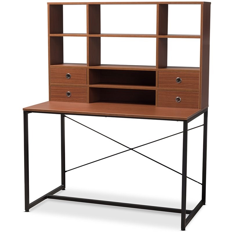 Bowery Hill Writing Desk with Bookcase Hutch in Light Brown