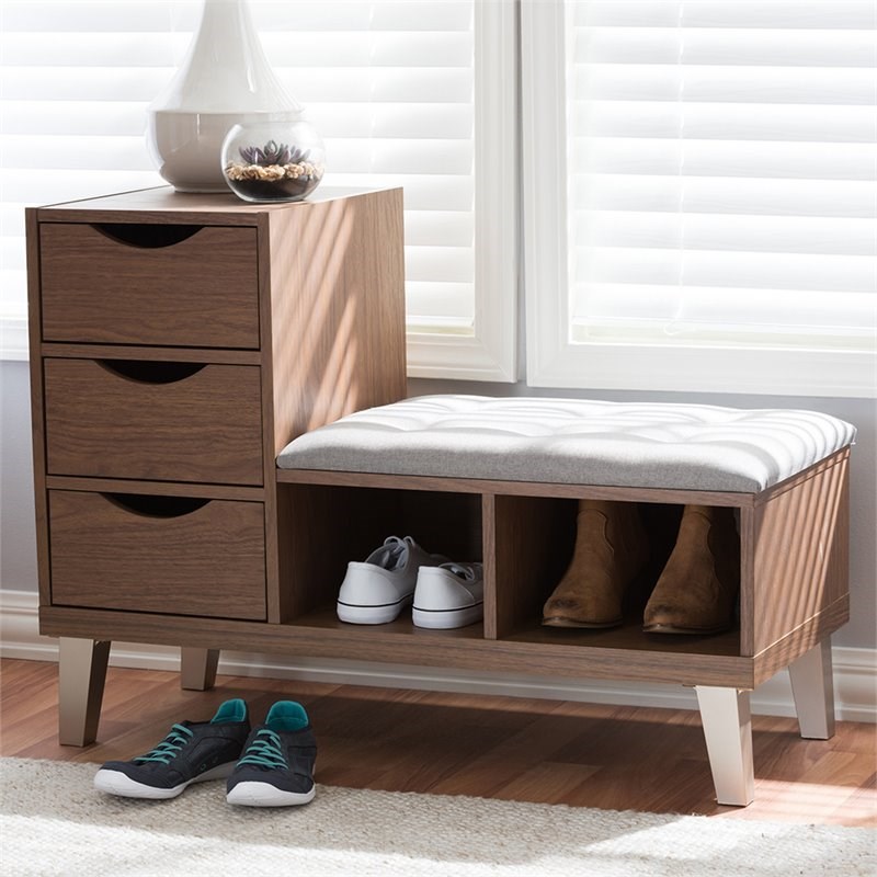 Bowery Hill Modern Upholstered Shoe Storage Bench in Gray and Brown
