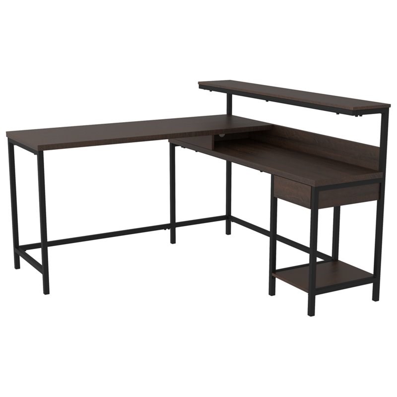 Bowery Hill Engineered Wood L-Desk with Storage in Warm Brown