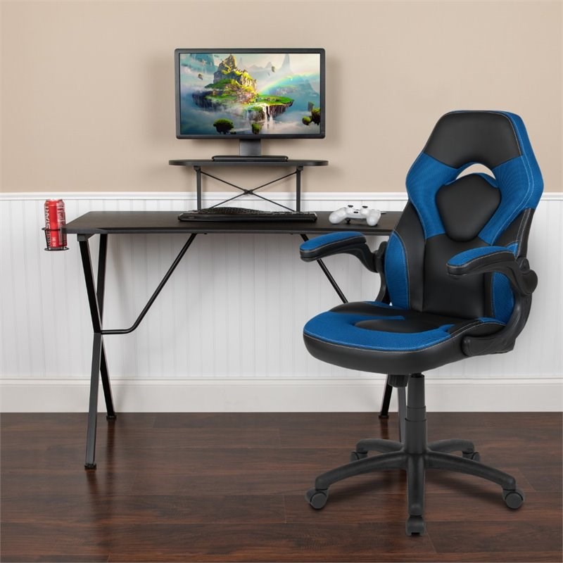 Bowery Hill 2 Piece Gaming Desk Set with Monitor Stand in Black and Blue