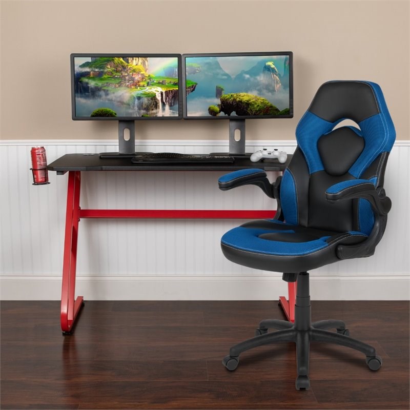Bowery Hill 2 Piece Z-Frame Gaming Desk Set in Red and Blue