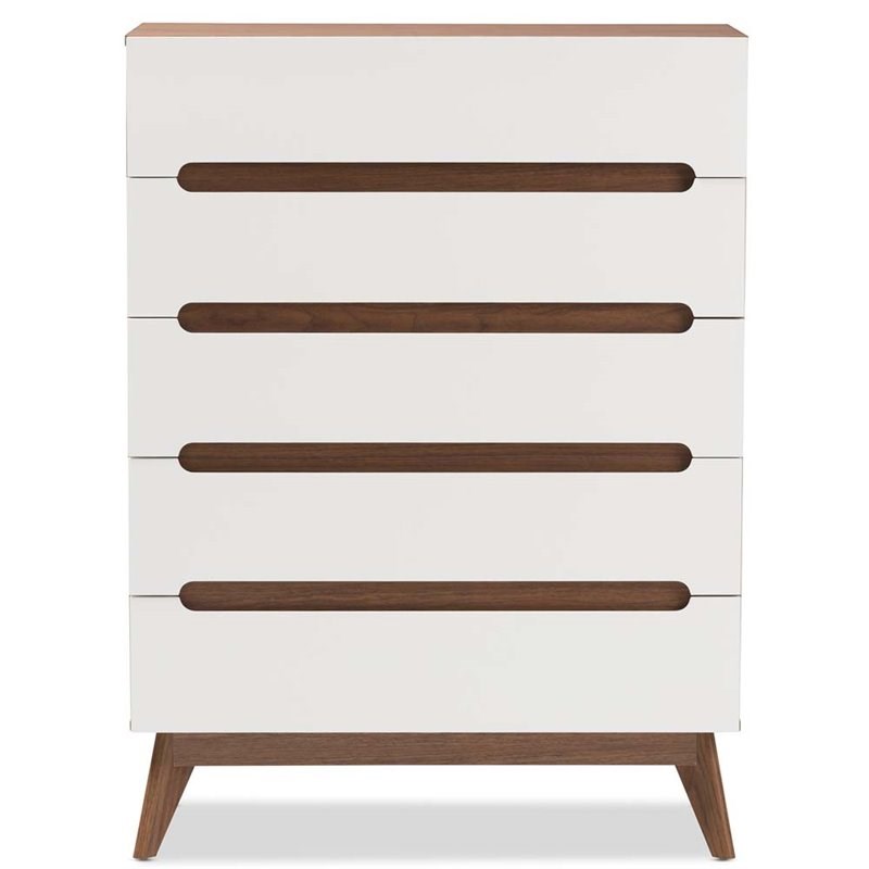 Bowery Hill Mid-Century 5 Drawer Chest in White and Walnut
